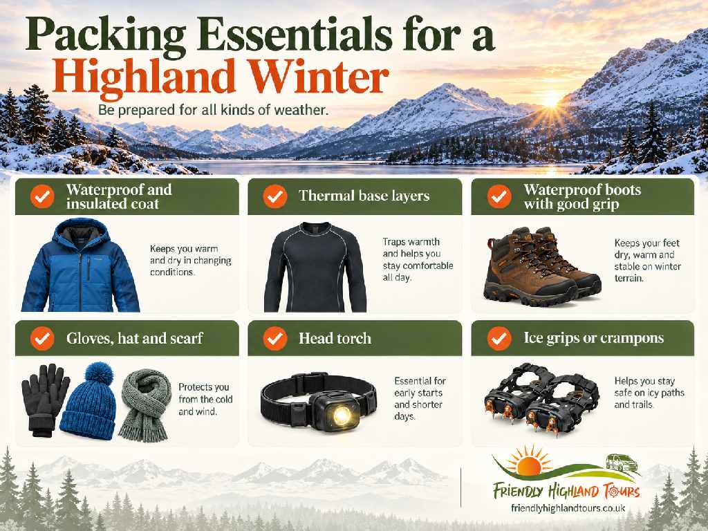 Highland winter packing checklist showing insulated waterproof clothing, thermal layers, walking boots, gloves, a head torch and ice grips
