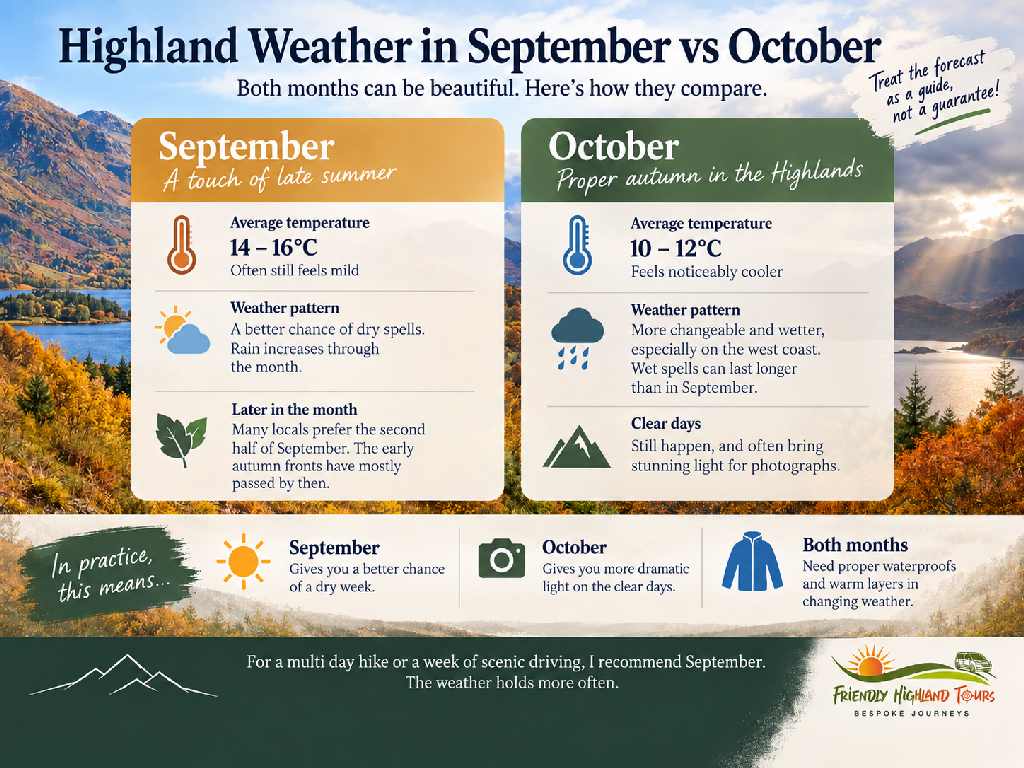 Scottish Highlands weather comparison showing temperatures and conditions in September and October