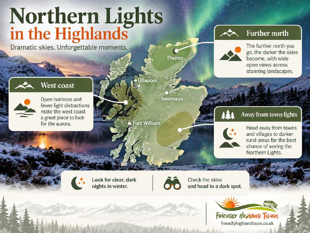 Northern Lights viewing guide for the Scottish Highlands showing northern areas, west coast locations and dark rural skies