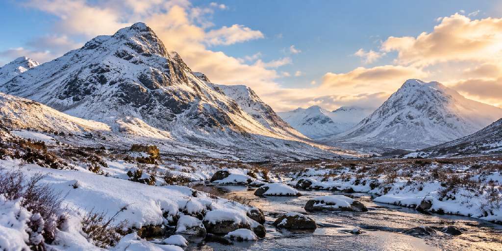 Snow-covered mountains and winter scenery in the Scottish Highlands
