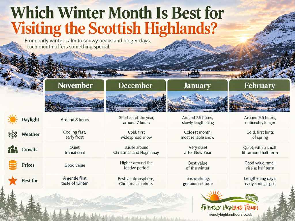 Scottish Highlands winter month comparison covering daylight, weather, crowds, prices and travel experiences from November to February