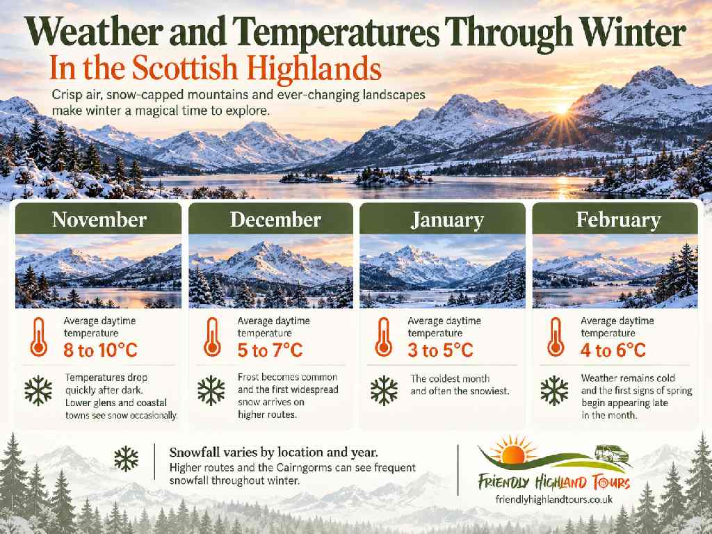 Scottish Highlands winter temperature comparison from November to February showing average daytime highs and snowfall conditions