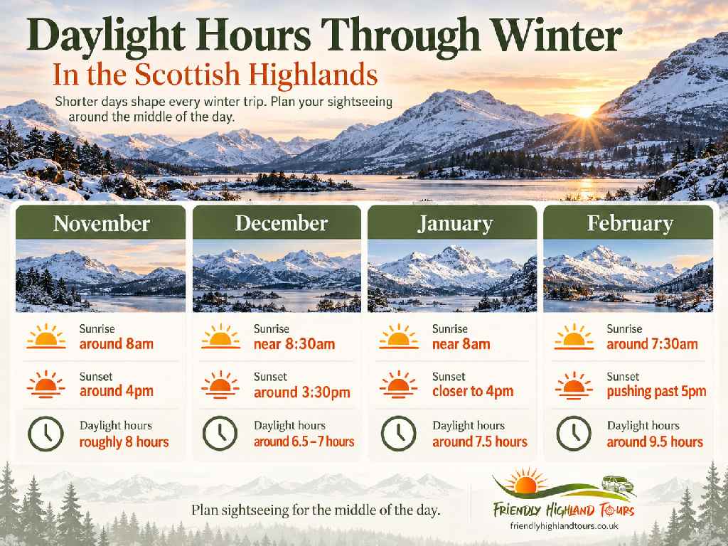 Highlands winter daylight hours and approximate sunrise and sunset times from November to February