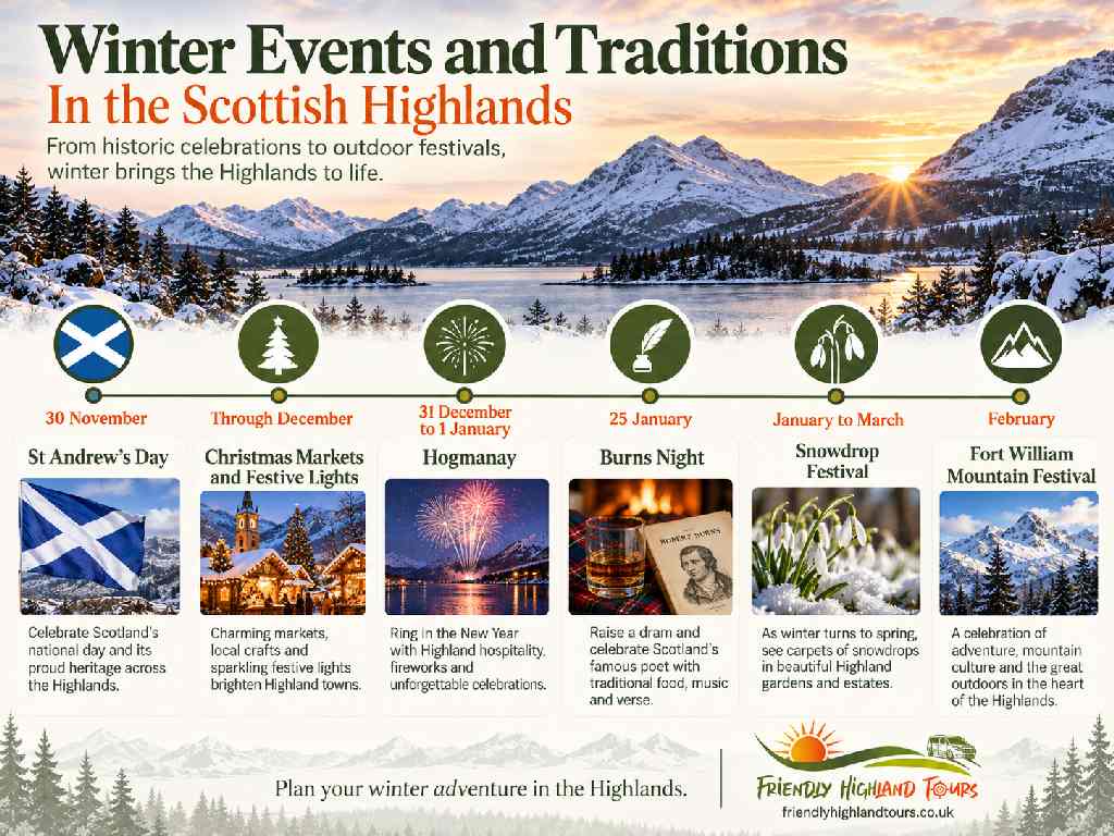 Scottish Highlands winter events timeline showing St Andrew's Day, Christmas, Hogmanay, Burns Night, snowdrops and the Fort William Mountain Festival