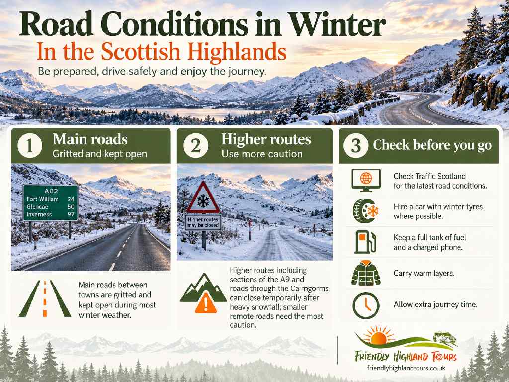 Scottish Highlands winter road safety infographic showing gritted main roads, higher routes and driving precautions