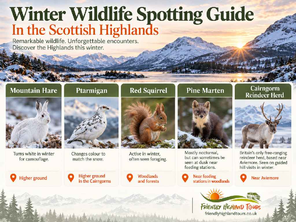 Scottish Highlands winter wildlife guide featuring mountain hares, ptarmigan, red squirrels, pine martens and the Cairngorm Reindeer Herd