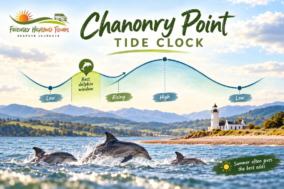 Tide guide showing the best time to watch dolphins at Chanonry Point after low tide