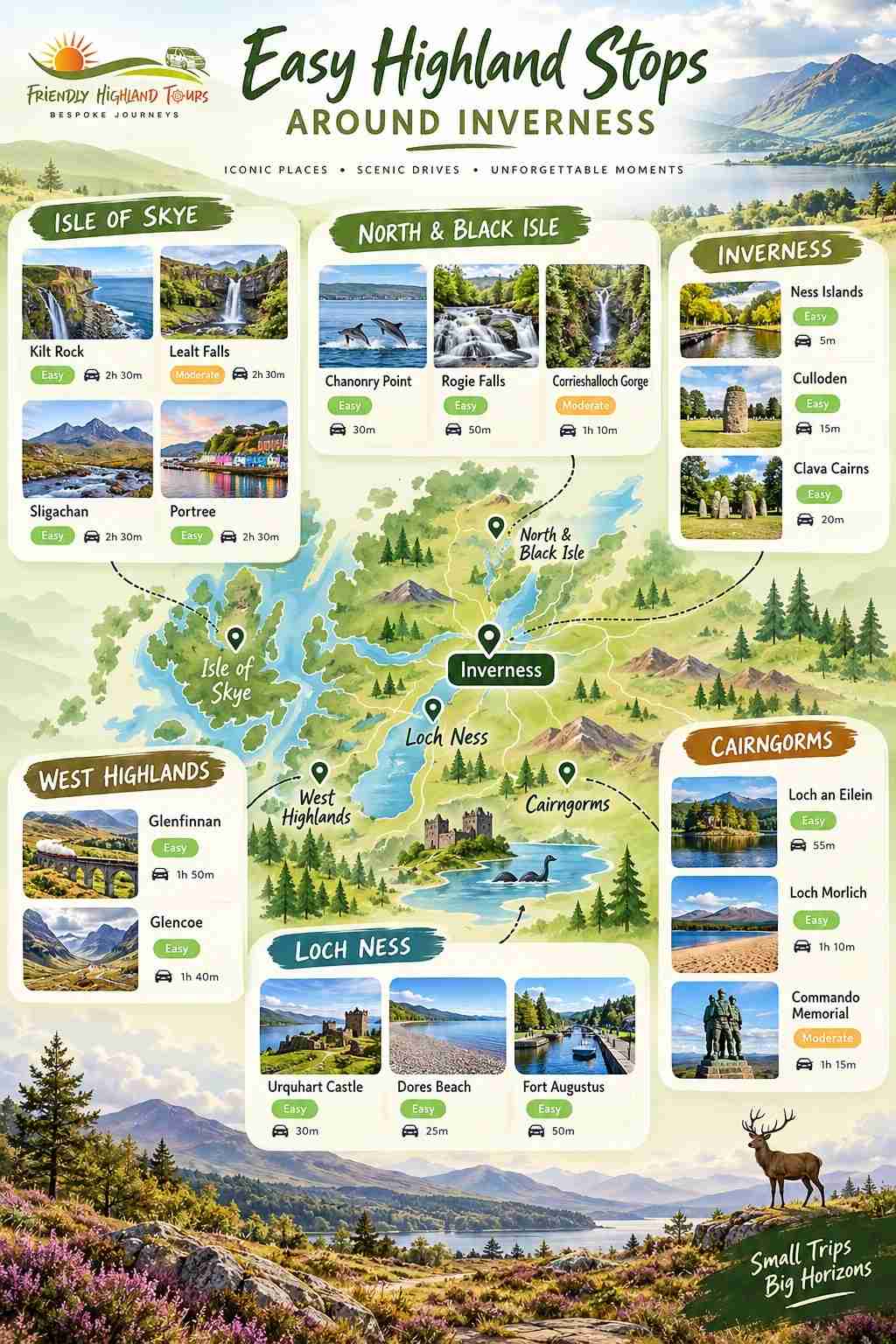 Map of easy Highland stops around Inverness, Loch Ness, the Cairngorms, West Highlands and Skye