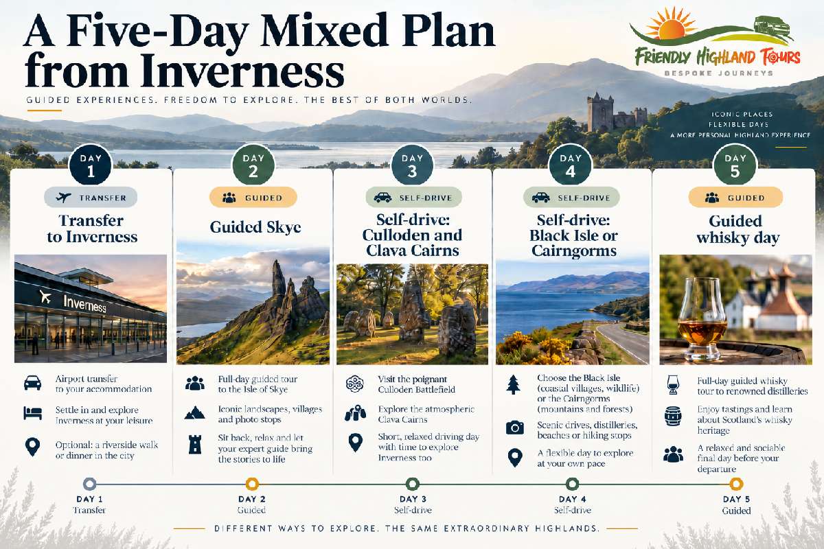 Five-day Inverness itinerary showing airport transfer, guided Skye tour, self-drive days and whisky tour