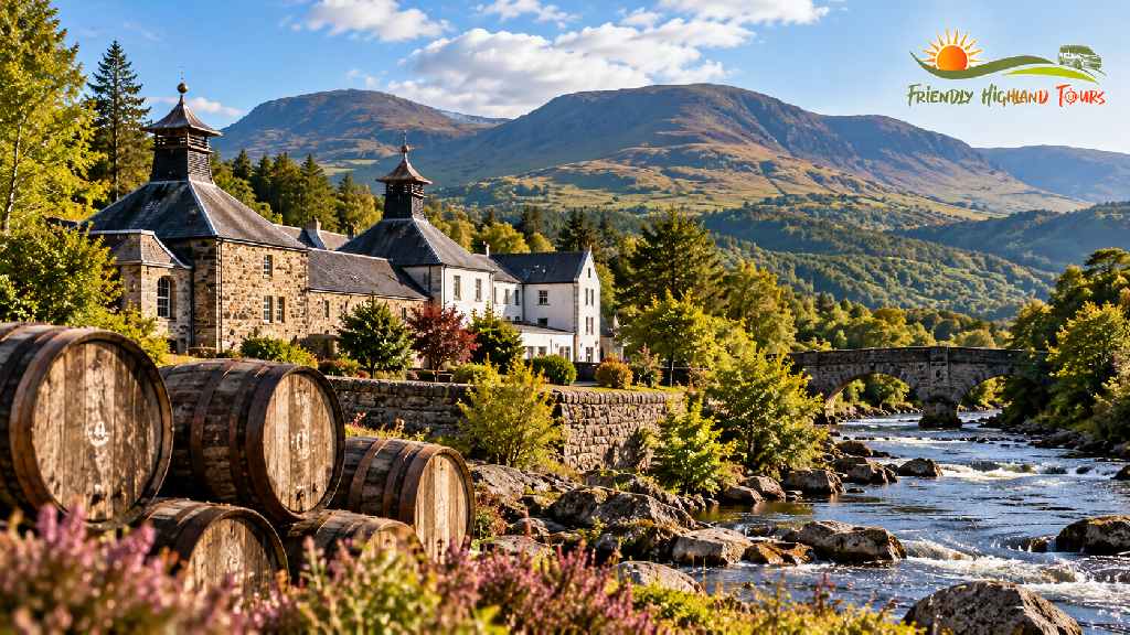 Scottish Highland whisky distillery beside a river with mountains and whisky barrels
