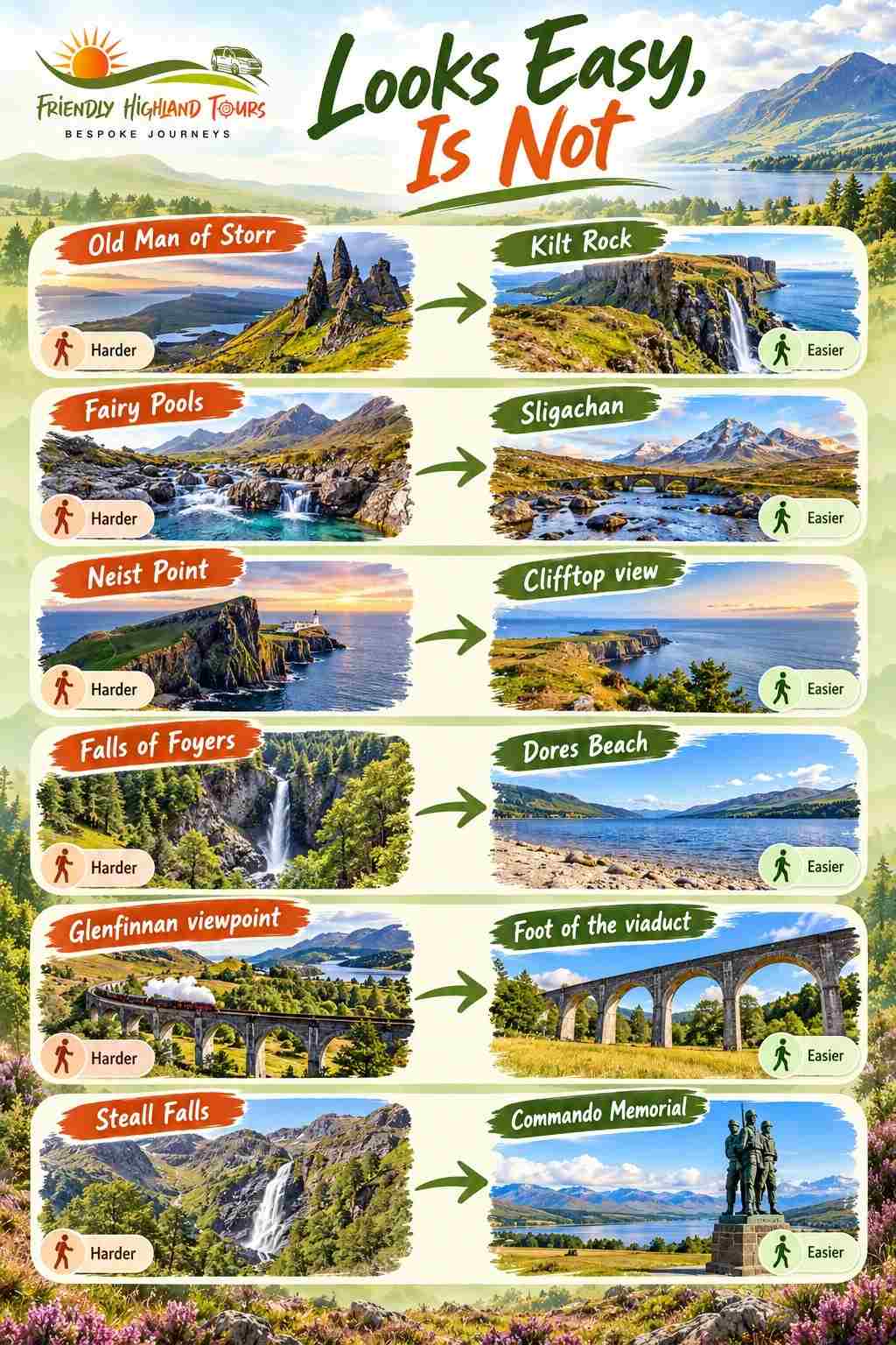 Popular Highland attractions paired with gentler alternatives for shorter walks