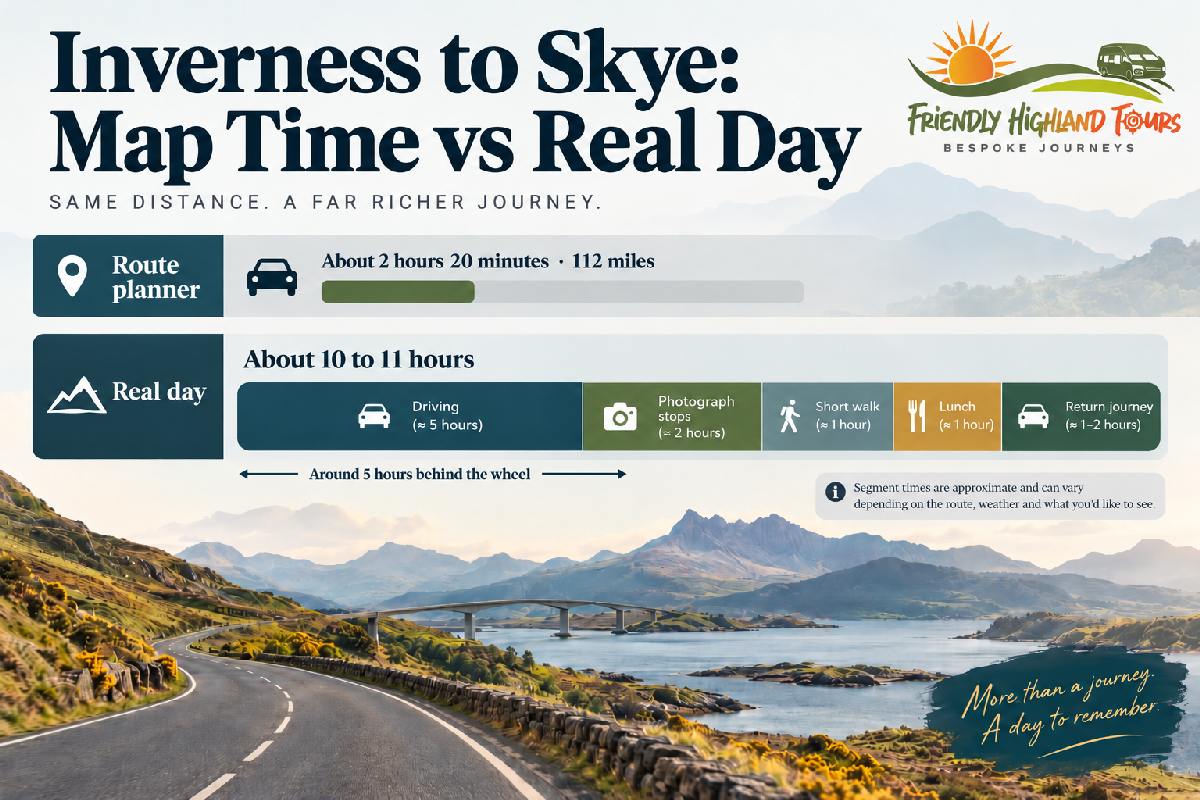 Infographic showing the driving time and total day trip duration from Inverness to the Isle of Skye