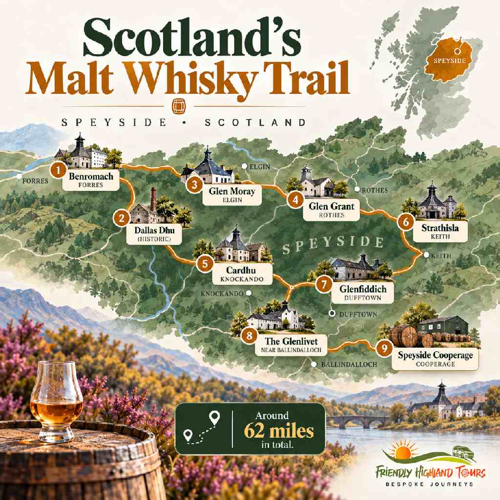 Map of Scotland's Malt Whisky Trail showing distilleries and Speyside Cooperage across Speyside