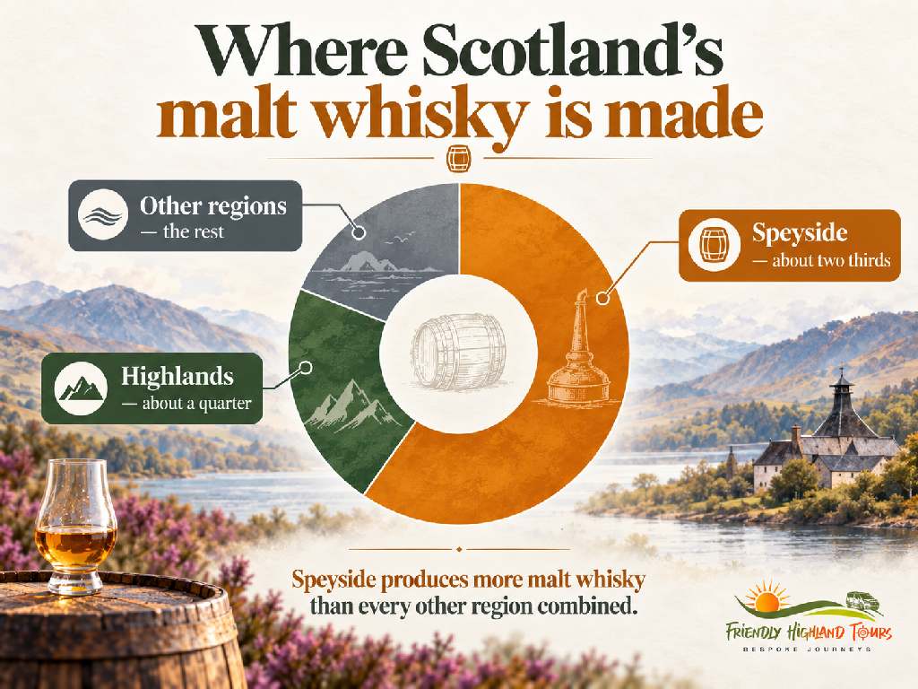 Chart showing Speyside produces about two thirds of Scotland's malt whisky and the Highlands about a quarter
