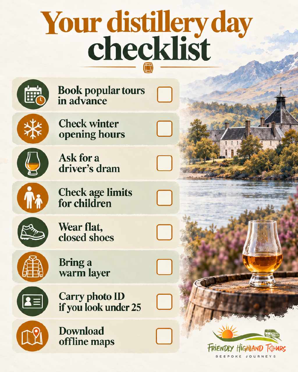 Scottish distillery visit checklist covering booking, clothing, ID and travel planning