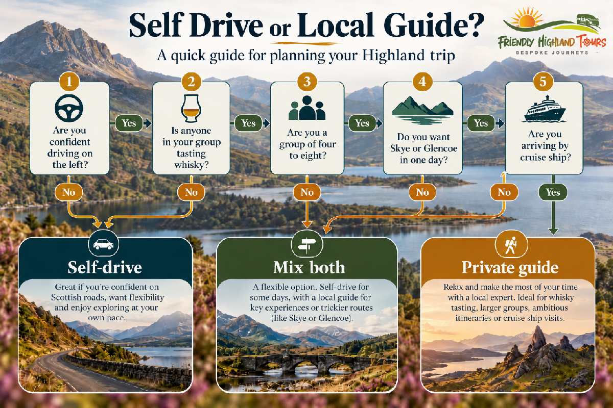 Flowchart to help visitors decide between self-drive and a private local guide in the Scottish Highlands