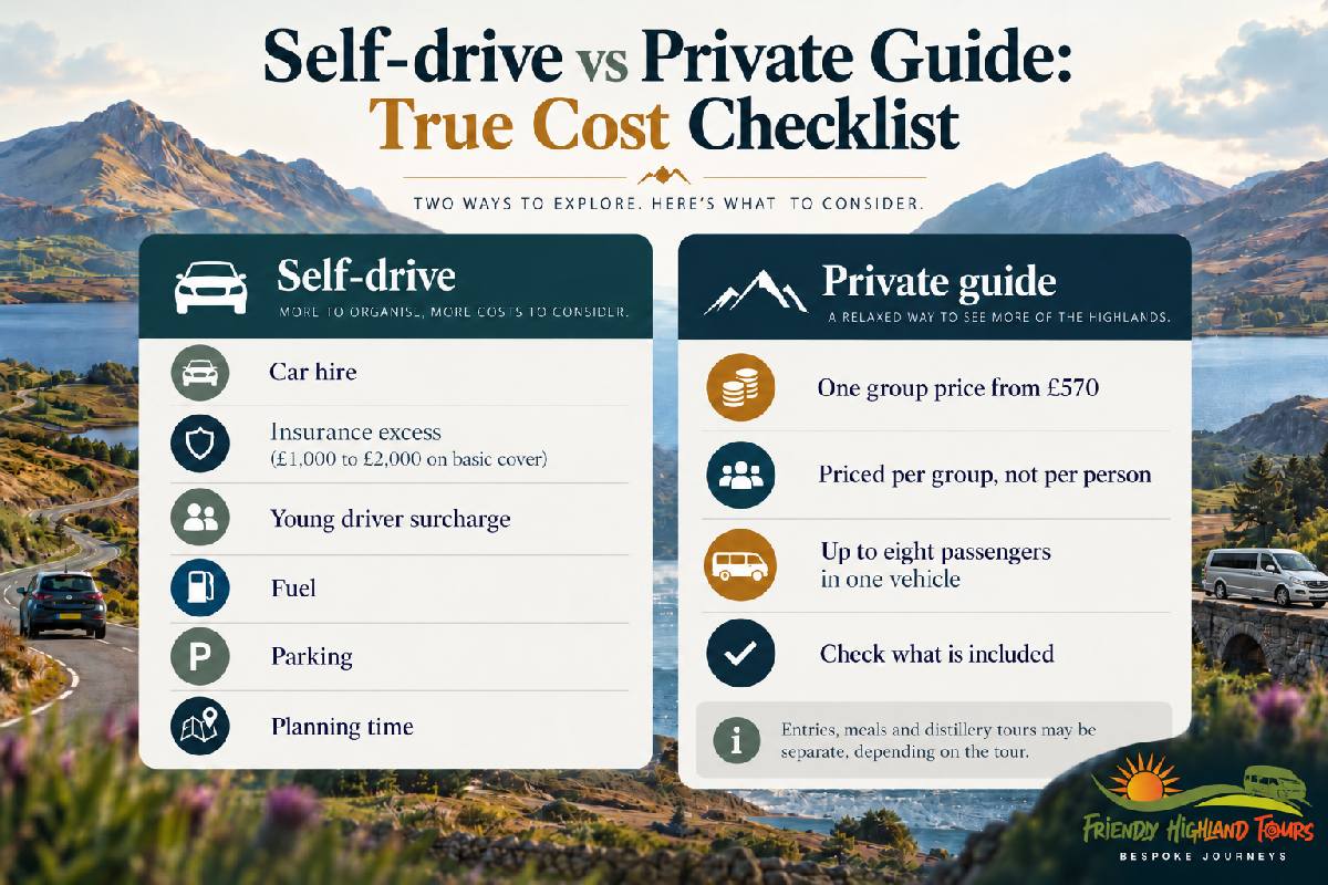 Checklist comparing car hire expenses and private guided tour costs in the Scottish Highlands