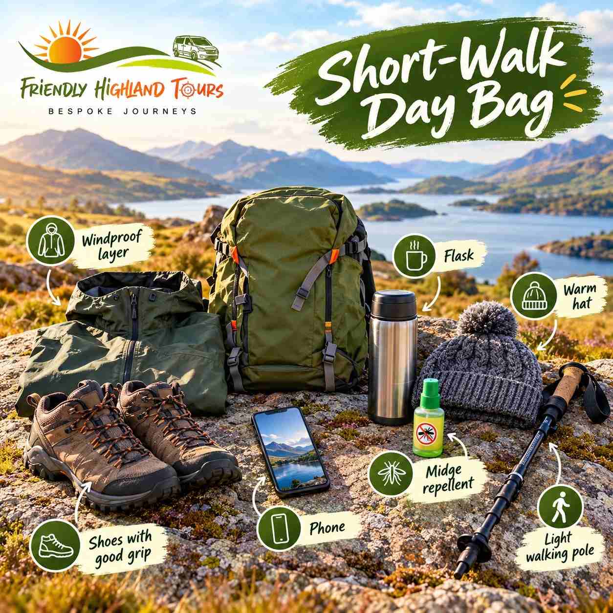 Essentials for short Highland walks including a windproof jacket, walking shoes, pole and midge repellent