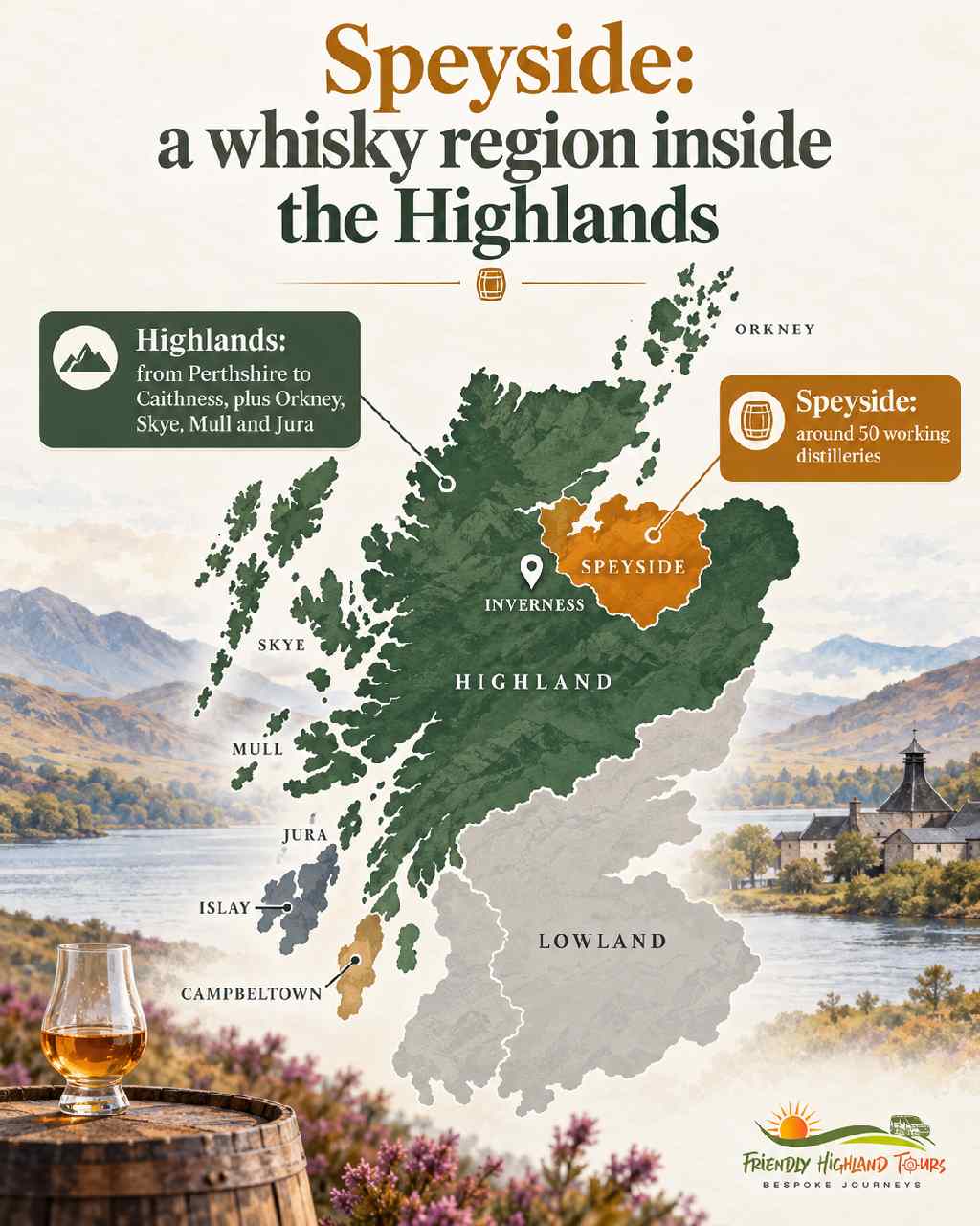 Map of Scotland's whisky regions showing Speyside within the wider Highland region and Inverness marked
