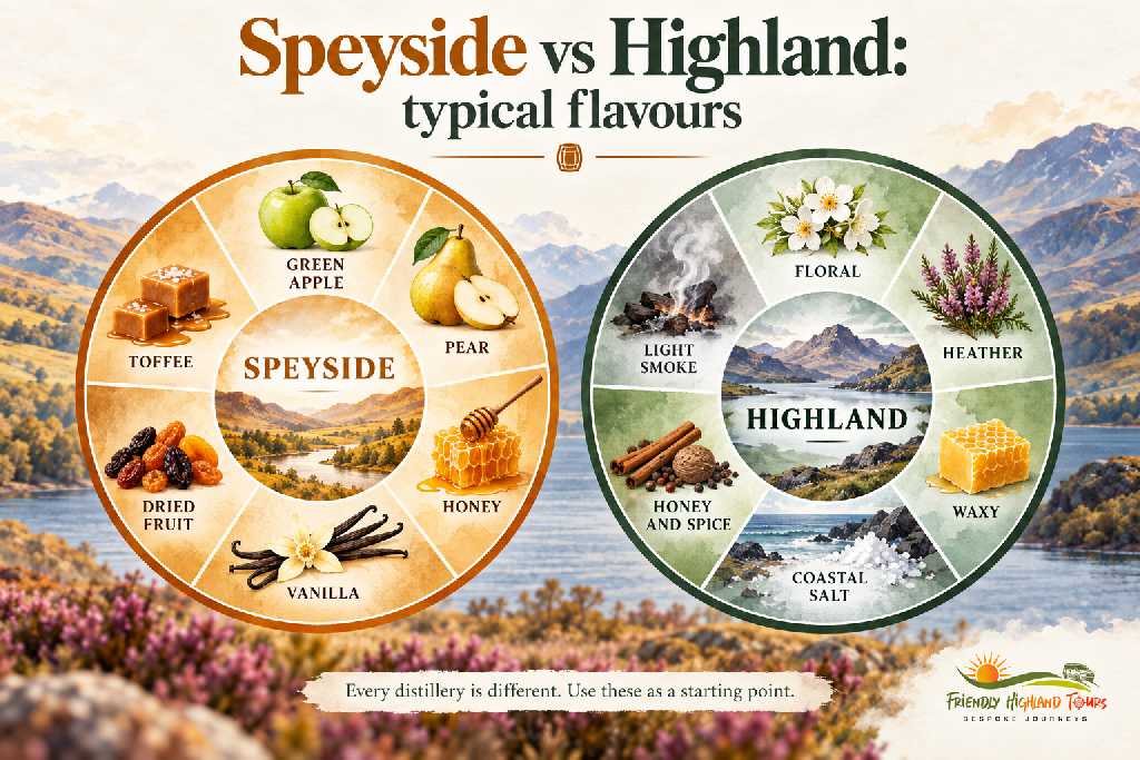 Typical Speyside and Highland whisky flavours including fruit, honey, floral, coastal and smoky notes
