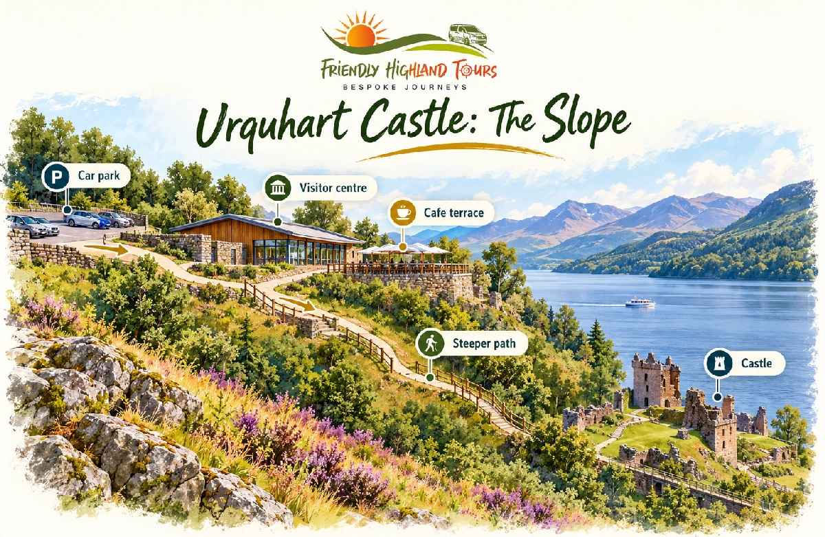 Walking route at Urquhart Castle showing the visitor centre, terrace and steep path to the ruins